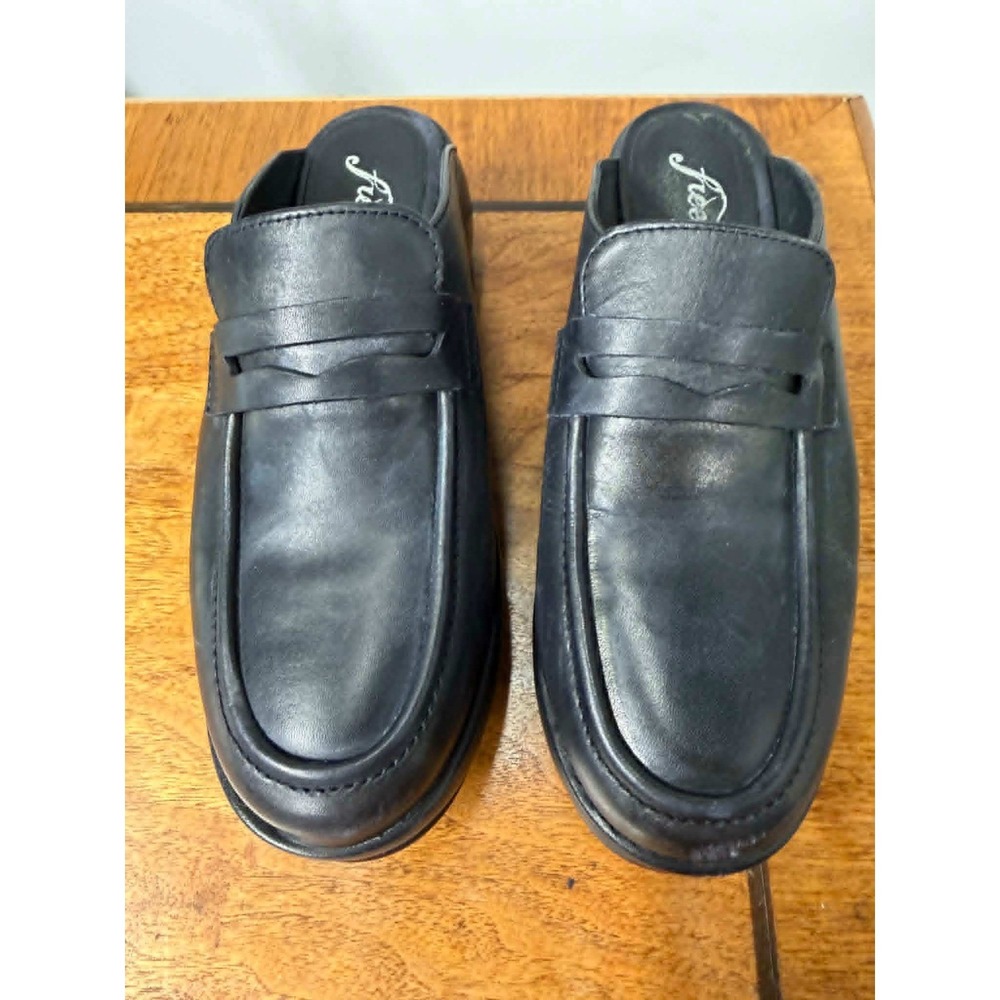 Free People 7.5 Winston Black Leather Platform Penny Loafer Mules Slip On Shoes